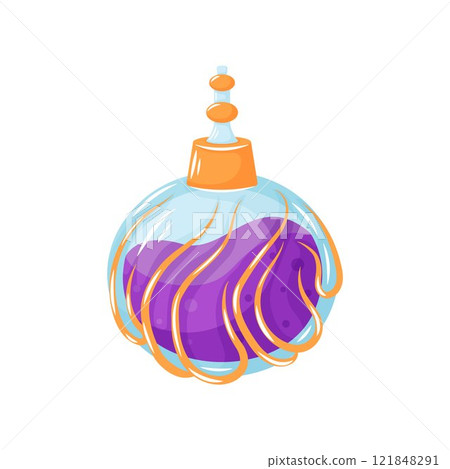 Glass perfume bottle with vibrant purple liquid in cartoon style. Perfect for perfume, fragrance, beauty and design concept. Vector illustration isolated on a white background. 121848291