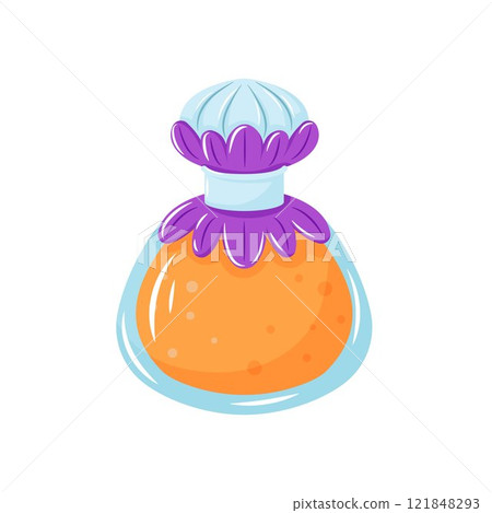 Perfume bottle with a orange liquid and purple petals in cartoon style. Perfect for beauty, fragrance or cosmetic related design. Vector illustration isolated on a white background. Perfume bottle with a orange liquid and purple petals in cartoon style. Perfect for beauty, fragrance or cosmetic related design. Vector illustration isolated on a white background. 121848293