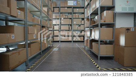 Sorting Facility, Storage of Online Store with E-Commerce Orders in Cardboard Boxes Sorting Facility, Storage of Online Store with E-Commerce Orders in Cardboard Boxes 121848385