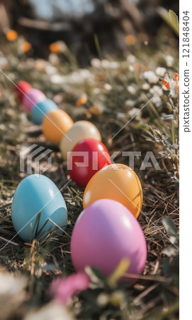 A scene of colorful Easter eggs lined up AI image 121848404