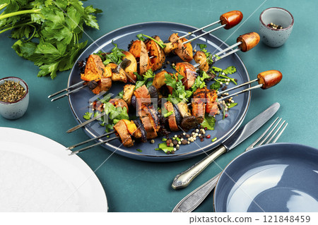 Roasted Vegetables on skewers, barbecue vegetables 121848459