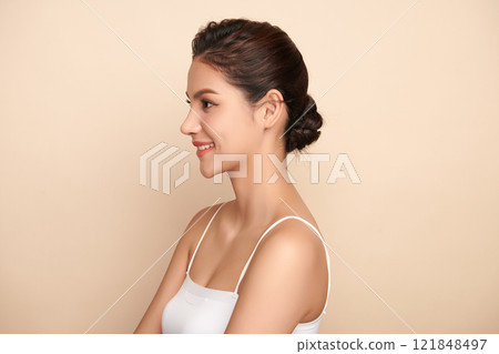 Beautiful young asian woman with clean fresh skin on beige background, Face care, Facial treatment, Cosmetology, beauty and spa, Asian women portrait. 121848497