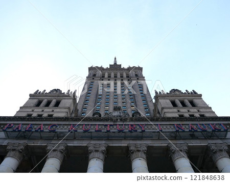 The facade of the Palace of Culture and Science, a symbol of Warsaw, Poland The facade of the Palace of Culture and Science, a symbol of Warsaw, Poland 121848638