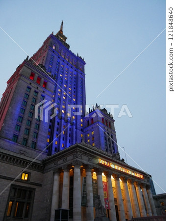 Illuminated Palace of Culture and Science, the symbol of Warsaw, Poland Illuminated Palace of Culture and Science, the symbol of Warsaw, Poland 121848640