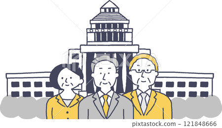 Monochrome men and women in suits standing with the National Diet Building in the background 121848666