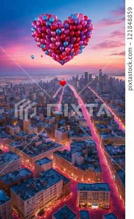 vertical illustration of a cityscape shot from above with numerous red hearts floating in the air to represent the atmosphere of valentine's day 121848859