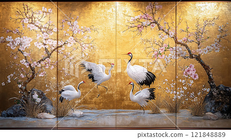 An elegant gold folding screen depicting cherry blossoms and cranes, art expressing traditional Japanese beauty 121848889