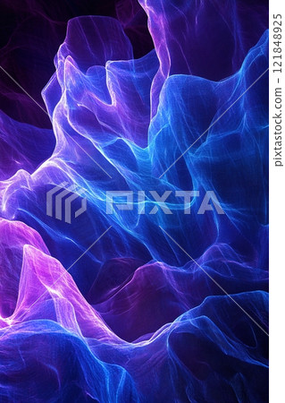 Flowing abstract wave pattern with neon lines in electric blue and purple glowing against a dark background Flowing abstract wave pattern with neon lines in electric blue and purple glowing against a dark background 121848925