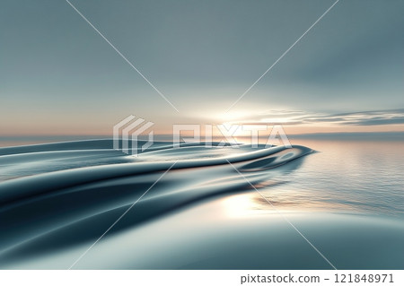 Futuristic abstract landscape with smooth metallic surfaces and glowing horizon at twilight 121848971