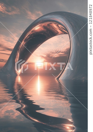 Futuristic abstract landscape featuring smooth metallic structures and a glowing horizon at twilight 121848972