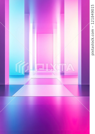 Futuristic gradient background features glowing geometric shapes and vibrant neon colors, creating a surreal and immersive atmosphere with ample clean space 121849015