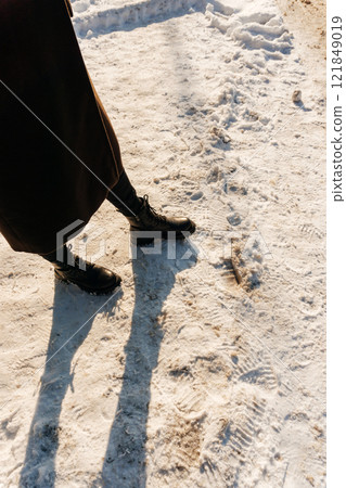 a sidewalk covered with snow in Kazakhstan. pedestrian sidewalk full of snow in Shymkent 121849019