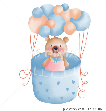 Cute Bear Sitting in a Sky Gondola Filled with Balloons Illustration. 121849066