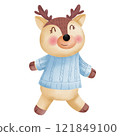 Happy Reindeer Wearing a Blue Sweater Illustration. 121849100