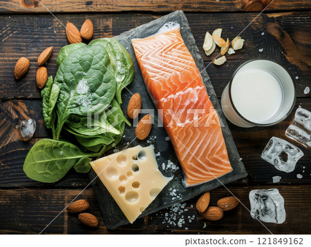 Raw salmon fillet, fresh spinach leaves, almonds, cheese, garlic, and milk arranged on a dark wooden table with scattered ice cubes. Raw salmon fillet, fresh spinach leaves, almonds, cheese, garlic, and milk arranged on a dark wooden table with scattered ice cubes. 121849162