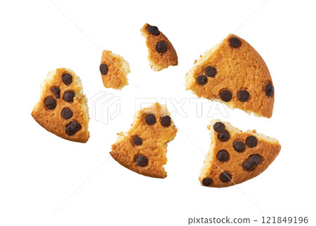 Broken chocolate chip cookies isolated on white background, top view. Broken chocolate chip cookies isolated on white background, top view. 121849196