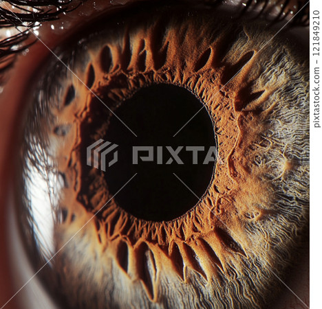 Macro close-up of a human eye showing detailed iris patterns. Extreme close-up photography of a brown eye 121849210