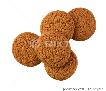 oatmeal cookies isolated, top view. Round oatmeal cookies isolated on a white background , top view. 121849244