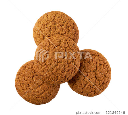 oatmeal cookies isolated, top view. Round oatmeal cookies isolated on a white background , top view. oatmeal cookies isolated, top view. Round oatmeal cookies isolated on a white background , top view. 121849246