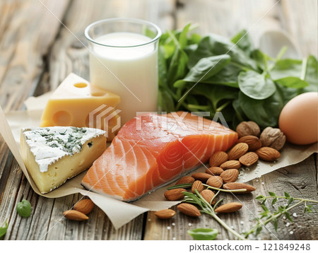 Raw salmon fillet, fresh spinach leaves, almonds, cheese, garlic, and milk arranged on a dark wooden table with scattered ice cubes. 121849248