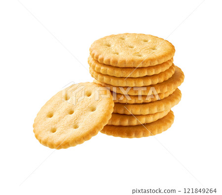 Stack of round crackers isolated on white background. Stack of round crackers isolated on white background. 121849264