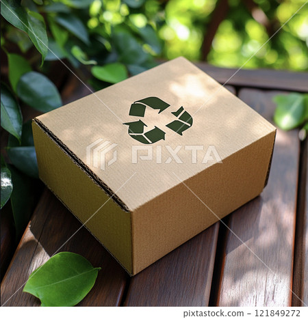 Cardboard box with a recycling symbol placed on a wooden table surrounded by green leaves. Eco-friendly packaging and sustainability concept. Design for banners and environmental campaigns 121849272