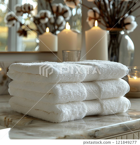 Stacked white towels placed on a marble countertop with candles and cotton flowers in the background. Spa and relaxation concept. Design for banners, posters, and interior decor 121849277
