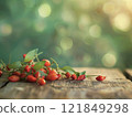 Fresh red goji berries with green leaves on a rustic wooden surface,  121849298