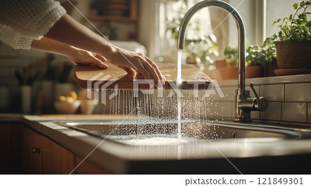 Hand washing a wooden cutting board under running water in a kitchen sink. Bright kitchen with plants in the background 121849301