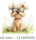 Cute dog wearing sunglasses sitting on green grass. Watercolor painting with a white background 121849302