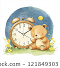teddy bear, alarm clock, watercolor 121849303
