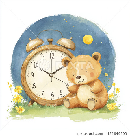 teddy bear, alarm clock, watercolor 121849303