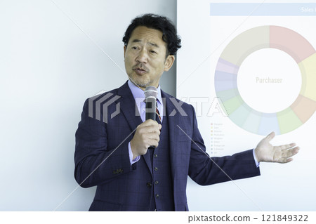 A middle-aged man giving a presentation with a microphone. Photo courtesy of Tokyo Electronics College, Denpa Gakuen Corporation. A middle-aged man giving a presentation with a microphone. Photo courtesy of Tokyo Electronics College, Denpa Gakuen Corporation. 121849322