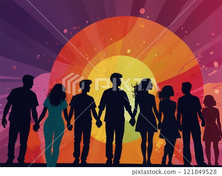 Silhouettes of cheerful young people holding hands on a multi-colored background. Symbolizes the concept of friendship, youth, unity, disco club Silhouettes of cheerful young people holding hands on a multi-colored background. Symbolizes the concept of friendship, youth, unity, disco club 121849528