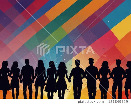Silhouettes of cheerful young people holding hands on a multi-colored background. Symbolizes the concept of friendship, youth, unity, disco club Silhouettes of cheerful young people holding hands on a multi-colored background. Symbolizes the concept of friendship, youth, unity, disco club 121849529