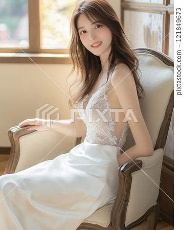 穿著白色洋裝的年輕日本女人 121849673