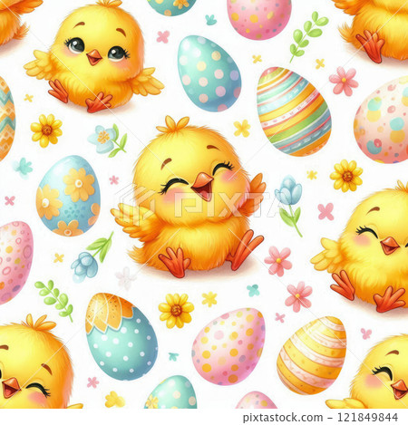 Happy Yellow Easter chicken and floral background, Easter egg card, framed banner design. Happy Yellow Easter chicken and floral background, Easter egg card, framed banner design. 121849844