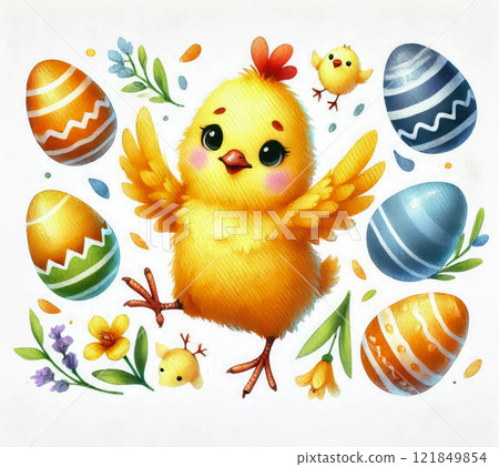 Happy Yellow Easter chicken and floral background, Easter egg card, framed banner design. 121849854