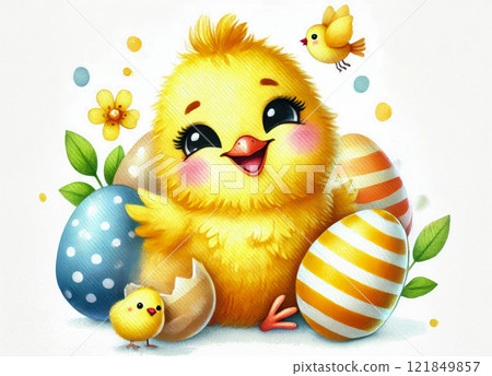 Happy Yellow Easter chicken and floral background, Easter egg card, framed banner design. 121849857