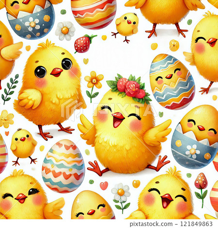 Happy Yellow Easter chicken and floral background, Easter egg card, framed banner design. 121849863