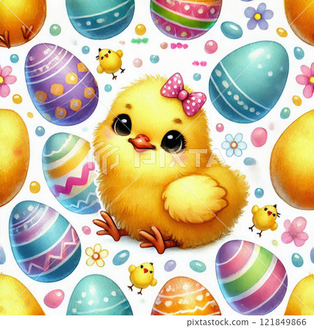 Happy Yellow Easter chicken and floral background, Easter egg card, framed banner design. 121849866