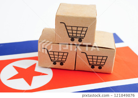 Online shopping, Shopping cart box on North Korea flag, import export, finance commerce. Online shopping, Shopping cart box on North Korea flag, import export, finance commerce. 121849876