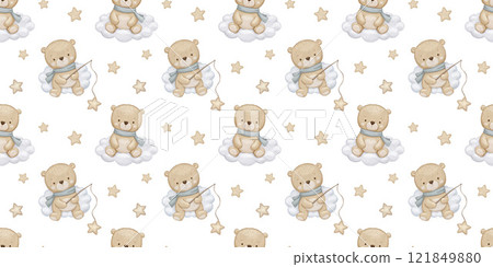 Seamless watercolor pattern with cute baby bear on clouds. Animal in sky, hand drawn illustration on white repeat background 121849880
