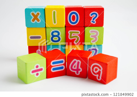 Number wood block cubes for learning Mathematic, education math. 121849902