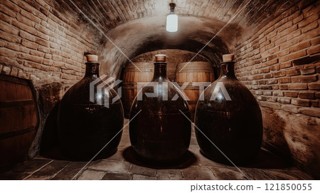 Large demijohns aging in traditional brick wine cellar Large demijohns aging in traditional brick wine cellar 121850055