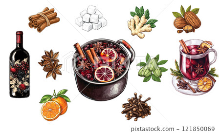 Mulled Wine Ingredients and Preparation on Transparent Background 121850069