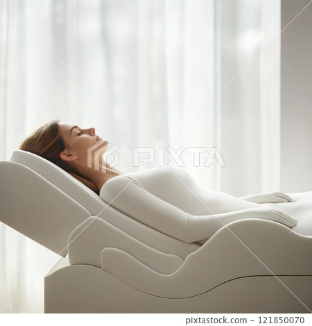 Young Woman Relaxing on a Modern Massage Table in White Clothing 121850070