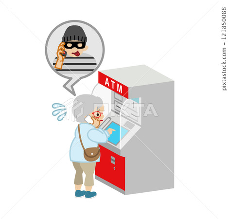 Senior woman operating ATM while talking to scammer on smartphone - Special fraud 121850088