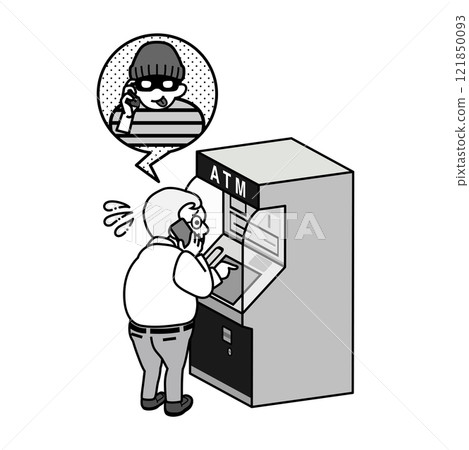 Senior man operating an ATM while talking to a scammer on his smartphone - Special fraud, main line included, monotone 121850093