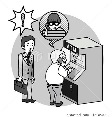 A businessman notices fraud when he sees an elderly person operating an ATM. Main line included. Monotone. A businessman notices fraud when he sees an elderly person operating an ATM. Main line included. Monotone. 121850099
